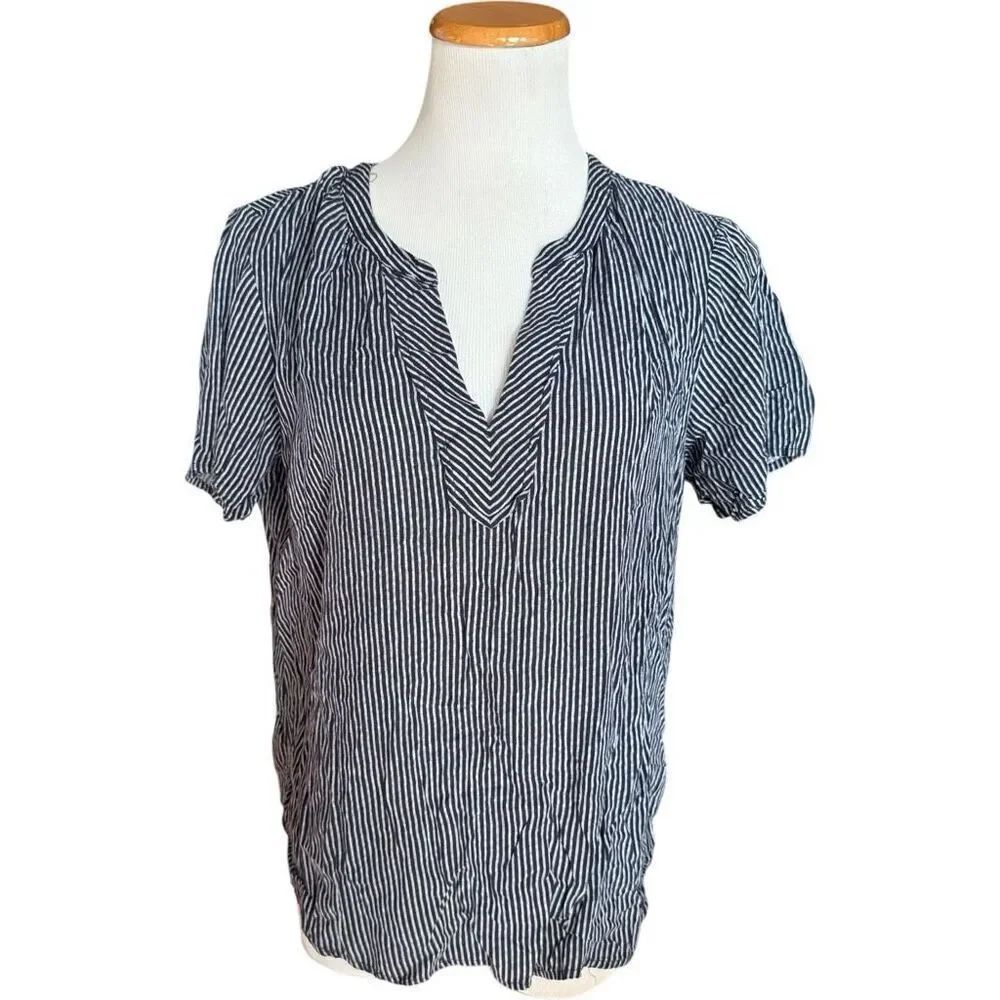 Womens Old Navy Dark Blue Panel V Neck Pinstripe Blouse Top - Sz L